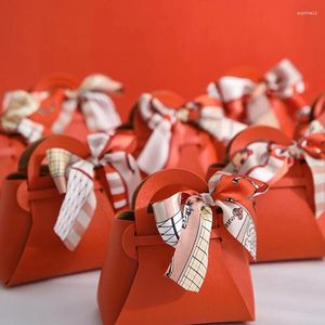 Presentförpackning 25st rosa läderväskor Bow Ribbon Packaging Bag Wedding Favor Distributioner Eid Candy Box Mini Handväska