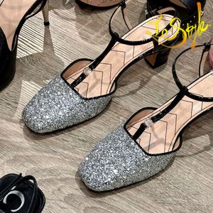 Designer Ballet Shoes Flat Women's Sandal G Dress Shoes Ankle Strap Roman Shiny Silver Chunky Heel Elegant Lady Style Size EUR 35-40