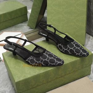 Scarpe eleganti firmate da donna sandali slingback décolleté sandali con rete di diamanti di lusso cristalli neri scintillanti fibbia posteriore tacco gattino sexy