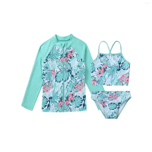 Stage Wear Costume da bagno per bambina per bambini 3 pezzi Reggiseno senza maniche Top Slip Maniche lunghe Giacca con cerniera Cappotto Set Costumi da bagno da spiaggia Costumi da bagno da surf