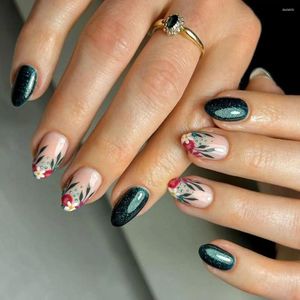 Falsas unhas manicure francesa vintage longo oval dicas de unhas destacáveis imprensa de flor em mulheres