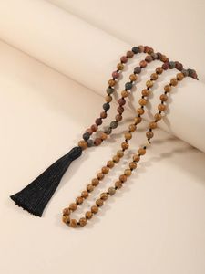 Pendant Necklaces YUOKIAA 108 Natural Stone Yellow Wood Grain Knotted Bohemian Tassel With Fashionable Temperament Yoga Blessings Jewel