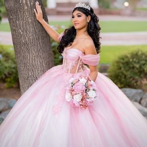 Pembe Quinceanera Elbise Meksika Vestidos de 15 Prenses Tatlı 16 Doğum Günü XV Omuz Balo Elbise Külkedisi Kız Elbise