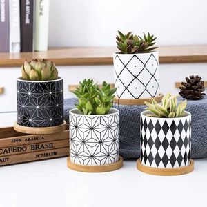 Planters Pots Nordic Porcelain Succulents Plant Pot Ceramic Black and White Stripes Flower Pot with Tray Simple Office Bonsai Home Decor YQ240109