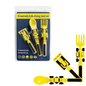 Conjunto de talheres para crianças utensílios de comida para crianças escavadeira escavadeira pá colher garfo alimentação utensílios de mesa construtivos cozinha 240108