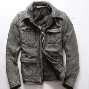 2024 Grey AVFLY Men Jackets for Sale Lapel Neck Vintage First Layer Leather Jacket Multi-pocket Motorcycle Men Leather Jacket