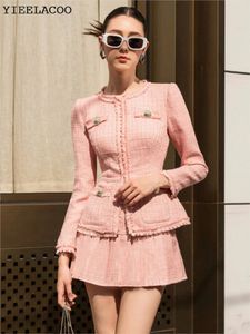 Rosa tweed jaqueta saia terno moda emagrecimento conjunto profissional das mulheres outono inverno clássico 2 peça 240109