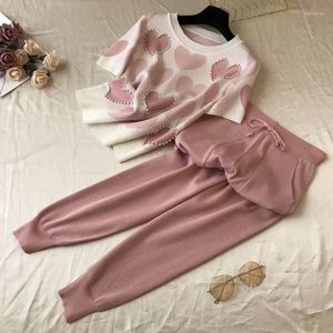 Women's Two Piece Pants Knitted Two-piece Set Women's Pant Suits Fashion Beaded Loveheart Jacquard Short Sleeved Tops And Suit Pink Sets