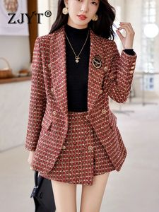 ZJYT elegant vintage tweed blazer shorts passar höst vinterkläder för kvinnor två stycken kontorsmatchning set plus size kläder 240109