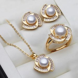 Conjunto de colar e brinco de pérola real para mulheres 18k banhado a ouro conjunto de joias de pérola aniversário presente de mãe branco 240109