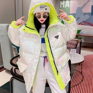 Women's Trench Coats 2024 Autumn Winter Women White Hit Color Glossy Parka Coat Korean Loose Letters Printe Jacket Trend Hooded Bread