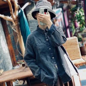 Women's Blouses Johnature Women Chinese Style Shirts And Tops Turn-down Collar Long Sleeve Gray Linen Vintage 2024 Autumn