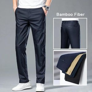 Vestido de verão fino fibra de bambu calças casuais masculinas cor sólida clássico estilo de negócios calças masculinas cáqui preto marinho