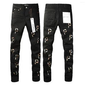 Calças de brim masculinas marca roxa lavada carta impressão calças high street slim fit hip hop preto denim longo streetwear