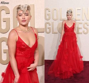 2024 Golden Globes Florence Pugh Abiti da sera celebrità Affascinante tulle rosso Fiori 3D Abiti da ballo di fine anno Lunghezza del pavimento Una linea Sexy scollo a V Pista Abiti formali CL3182