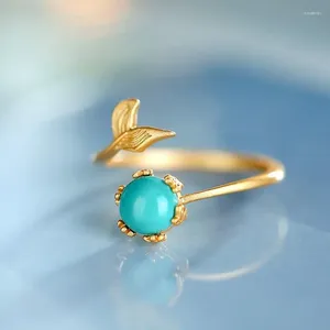 Cluster Rings Original Design Ancient Gold Craft Inlaid Turquoise Fishtail For Women Romantic Fresh Art Jewelry Opening Justerbar