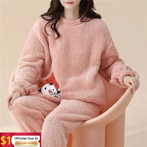 Flanel Bayan Pijama Setleri Sıkışır Sonbahar Kış Kış Giyim Velvet Pijama Bayan Karikatür Pijama Mujer 2 Parça PJS Sıcak Homewear 240108