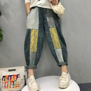 Jeans Ny ankomst 2023 Spring Arts Style Women Elastic midja Vintage Loose Jeans Patchwork Print Casual Cotton Denim Harem Pants C758