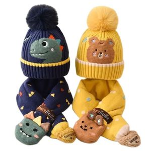 Doit Baby Kids Beanie Sets Dinosaur Rabbit Bear Cartoon 2 pcs Boys Girls Winter Villus Hat Scarf Set For 2 to 6 Years 240108