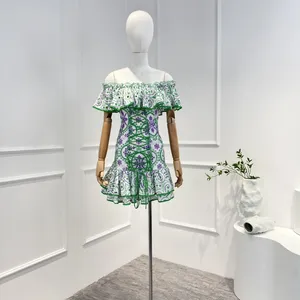 Casual Dresses Latest Spring 2024 Top Quality Cotton Multi Color Embroidery Frill Ruffles Front Cross Slim Off Shoulder Mini Dress For Women