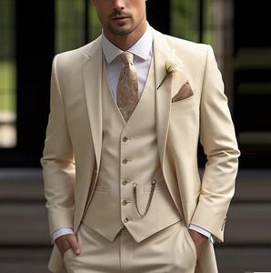 Bej Business Suit Erkekler Smokin Groom Groomsman Balo Düğün Partisi Resmi 3 Parça Set Ceket Yelek Pantolon 240108