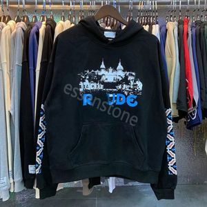 Designer Rhude Hoodies Designer Rhude Hoodie Sweatshirt broderi Löst dragskot Sträcka Athleisure Tjock Vintage High Street Hip Hop -tröjor