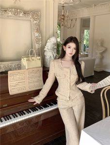 Designer de luxo lã calça terno elegante tweed fino ajuste calças jaqueta curta topos roupas das mulheres dois conjuntos peças 240109