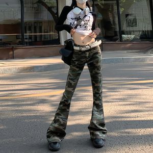 Calças de brim de cintura alta camo carga calças de brim femininas verde novo estilo americano vintage queimado calças streetwear solto perna larga denim