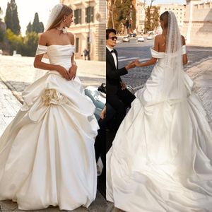 Milla Nova Boho Vestidos de noiva linha A para noivas com ombros de fora vestidos de noiva de cetim com renda nas costas vestidos de noiva de grife