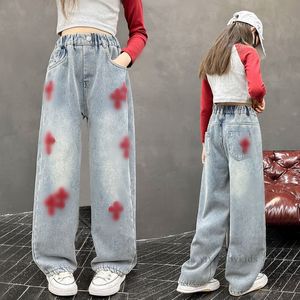 Große Mädchen Blumen Handtuch Stickerei Jeans Kinder Gerade Breite Beine Hosen 2024 Frühling Jugendliche Lose Beiläufige Cowboy Hosen Z6601