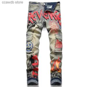 Mäns jeans ehmd färgmålade graffiti jeans män rivna elastiska smala broderade byxor läder etikett spot veckad lapptäcke skrapa art2 t240109