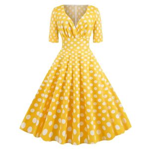 SUREL Polka Dot Printed Summer Women Casual Vintage sukienka z krótkim rękawem V szyja linia huśtawka w górę rockabilly sundress 50s 60s Odzież