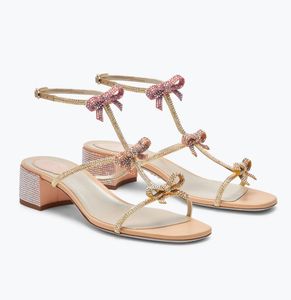 エレガントなブランドRene Caovilla Caterina Sandals Shoes Women T-Strap Design Block Heel Crystal Bow Lady Wedding、Party、Dress Gladiator Sandalias EU35-43