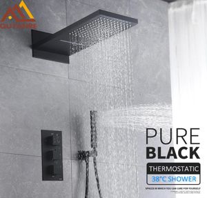 Svart termostatiska duschkranar Set Rain Waterfall Duschhuvud med 3way termostatisk mixer Tap Bath Shower Faucet1412310