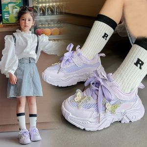 Kids Sneakers 2024 Spring New Fashion Mesh Ventilate Girls Sports Shoes Bowknot Rhinestones Girls Running Shoes Sizes 26-37 Child Shoes