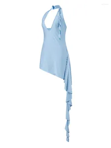 Lässige Kleider eleganter Satin -ärmelloses Kleid mit tiefem V -Ausschnitt Rückenfreies Design und unregelmäßiger Rüschensaum für Frauen Streetwear