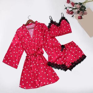 Women's Sleepwear Women' Silk Satin Women Pajamas Set Pijama Three Pcs Lingerie Floral Lace Ladies Nightwear Homewear Suit With Robe