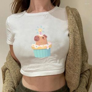 T-shirt da donna Capy Birthday Shirt Cute Capybara Cartoon Print Crop Tops Moda Streetwear O-Collo Maglietta corta Casual Y2K Baby Tees