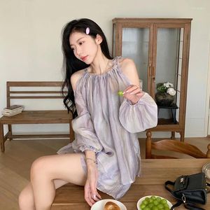 Women's T Shirts Korean Off Shoulder Tie Dyed Long Sleeve Shirt Set For Women Summer 2024 Wide Leg Shorts Sports Casual Girly Two Piece Suit