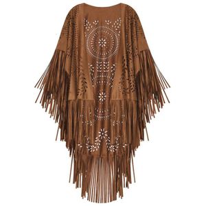 Shawls Camel Suede Floral Hollow Out Fringe Tassel Shawl Women Vintage Capes Ponchos Autumn Bohemian cardigan Cloak Boho 230201239M