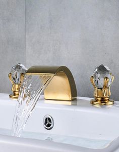 Crystal Handle Golden Waterfall Bathroom Faucet Deck Mount Widespread Bathroom Tub Sink Faucet Chrome Basin Mixer Tap2130438