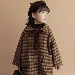 Autumn Winter Baby Girl Jacket Woolen Coat Warm Wool Fashion Windbreaker Bow 240108