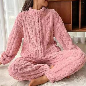 Kvinnors sömnkläder 2024 Fleece Women Pyjamas Set Winter Solid Velvet 2 Piece Pant Home Suit Fluffy Casual Warm O-Neck Night Wear