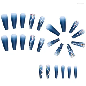 Накладные ногти сине-черные аппликации с ромбовидным градиентом камелии длинные кончики ногтей в форме гроба съемные накладки