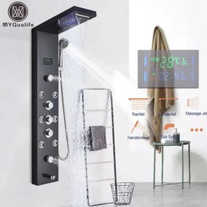 Heads Bathroom Shower Heads LED Light Panel Waterfall Rain Digital Display Faucet Set SPA Massage Jet Column Mixer Tap Tower System 2306