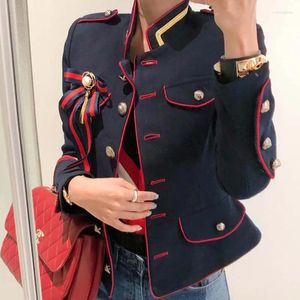 Women's Suits Women Navy Blue Blazer Feminino Single Breasted Bow Brooch Short Suit Jacket Office Ladies Chic Slim Blazers Outwear