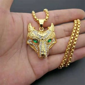 Männer 14 k Gelbgold Halskette goldene Farbe Wikinger Wolf Kopf Halskette Anhänger mit Kette Iced Out nordischen Talisman ethnischen Schmuck