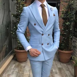 Slim Fit Double Breasted Suits For Men 2 Piece Light Blue Wedding Tuxedo Groom With Peaked Lapel Custom Man Fashion Costume 240108