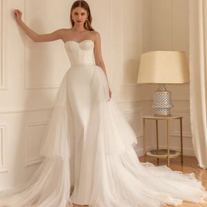 Abito da sposa a sirena di nuovo arrivo con strascico staccabile Perline a cuore Sash senza maniche in raso di tulle Abiti da sposa Abiti da sposa