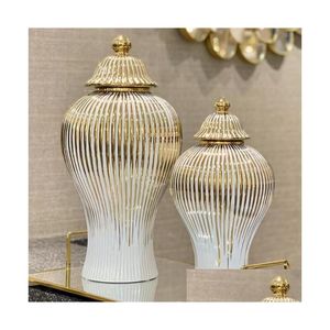 Vases Qbsomk Ceramic Ginger Jar Golden Stripes Decorative General Vase Porcelain Storage Tank With Lid Handicraft Home Decoration Dr Dhaqs